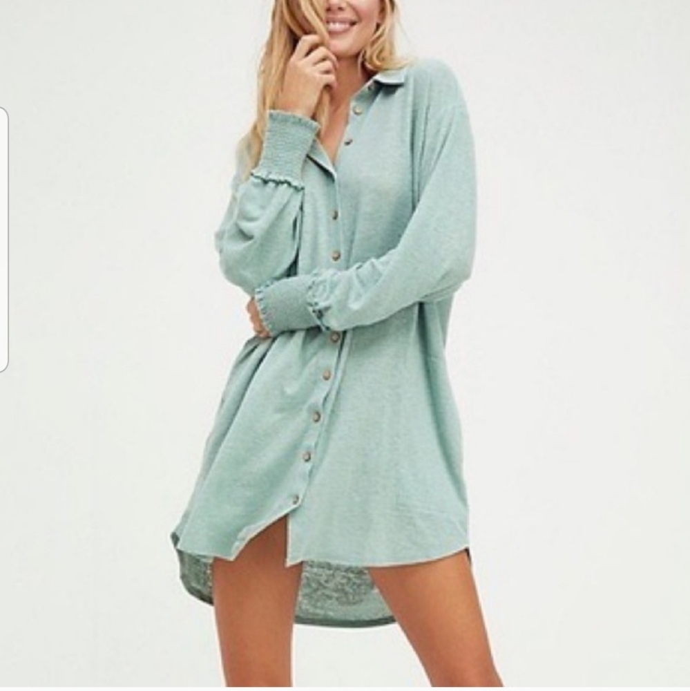 Free People Beach Promenade Mini Shirt Dress in Sea-Glass | Medium